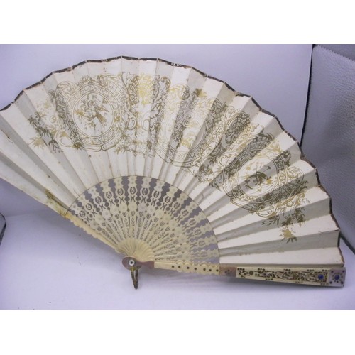 124 - Two decorative vintage fans. (1) hand-painted with Spanish scene and signed, wooden guards and stick... 