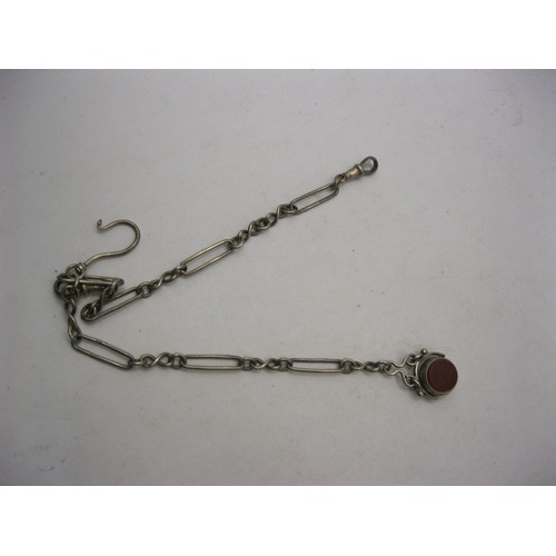 130 - A hallmarked silver watch chain with two clasps and spinner set with un-engraved red and green stone... 