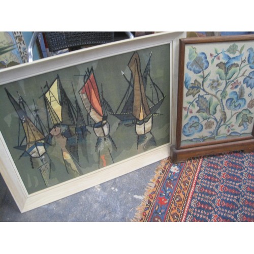 97 - A pair of tapestries, one framed & glazed 
and featuring sailing ships, nicely done, the other as a ... 