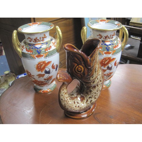 135 - A pair of Copeland Spode Oriental-style vases and a Foster's of Cornwall glug jug, all in good order