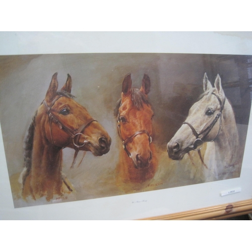 175 - A framed and glazed print of 'The Three Kings' featuring Arkle, Red Rum and Desert Orchid, minor dam... 