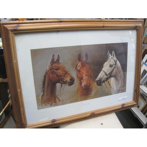 175 - A framed and glazed print of 'The Three Kings' featuring Arkle, Red Rum and Desert Orchid, minor dam... 