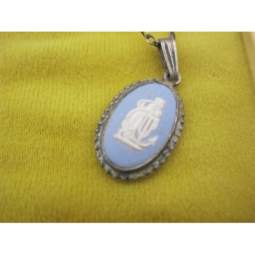 170 - A pair of Wedgwood jasperware cameo pendants in silver mounts, on silver chains, cased