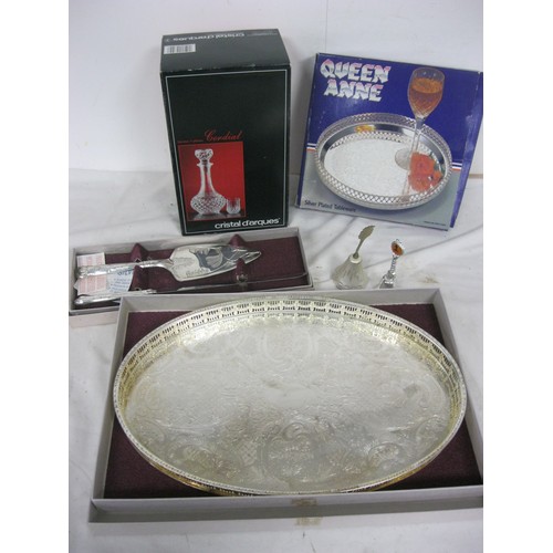 159 - a selection of silver plated items, many new and boxed, and a Crystal d'Arques decanter and glasses,... 