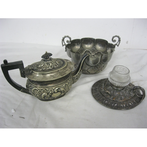 117 - A twin handled pot possibly of .800 silver plus a silver plate teapot and an interesting silver plat... 