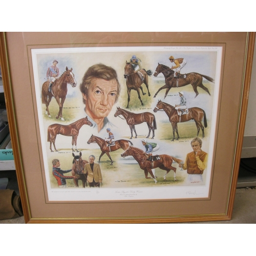 177 - A framed and glazed print of Lester Piggott's Derby winners by Peter Deighan, signed by the artist #... 