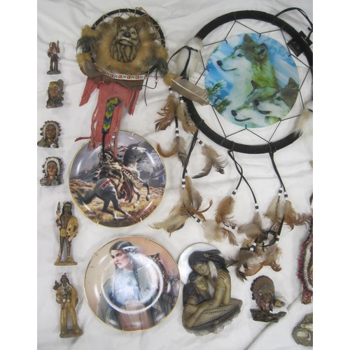 232 - A box of Native American theme decorative items, small dream catchers, collectors plates and small r... 