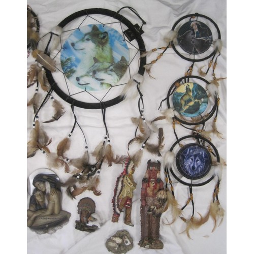 232 - A box of Native American theme decorative items, small dream catchers, collectors plates and small r... 