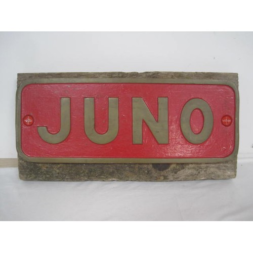 242 - A red & gold painted reproduction 'Juno' locomotive name plate