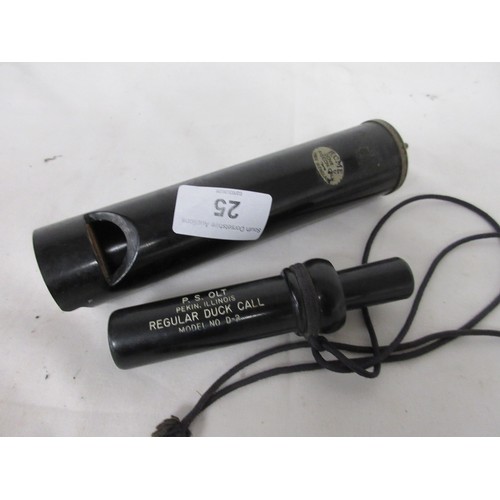 25 - A PS Olt Regular Duck Call Model D-2, in bakelite or similar, plus an English-made Acme Dove & Pigeo... 