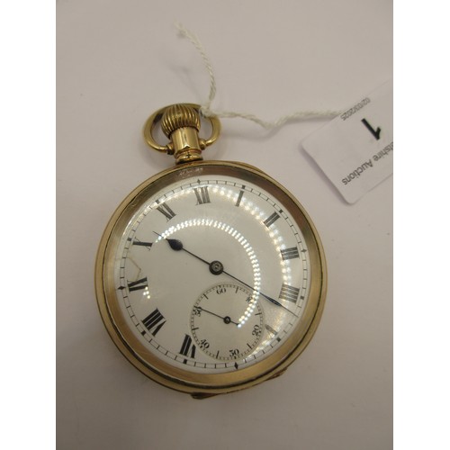 1 - An open faced pocket watch with Swiss mechanism, Moon case, 10 carat gold plated, in full working or... 