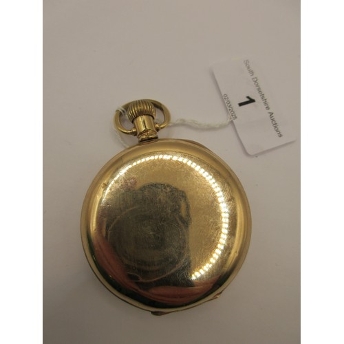 1 - An open faced pocket watch with Swiss mechanism, Moon case, 10 carat gold plated, in full working or... 