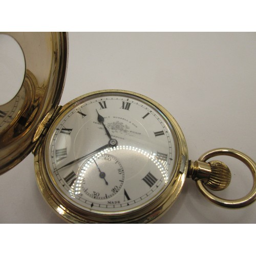 4 - A half-hunter pocket watch with Swiss mechanism in gold plated case, the dial marked for Thomas Russ... 