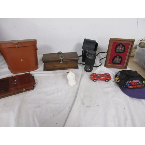 150 - A box of mixed items including cased binoculars, a Meerschaum pipe and other items