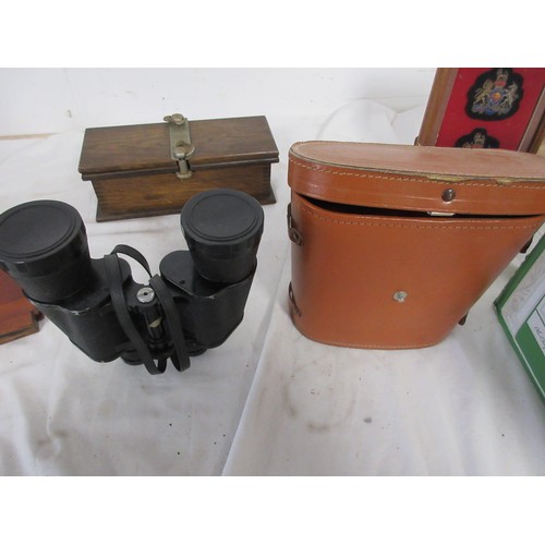 150 - A box of mixed items including cased binoculars, a Meerschaum pipe and other items