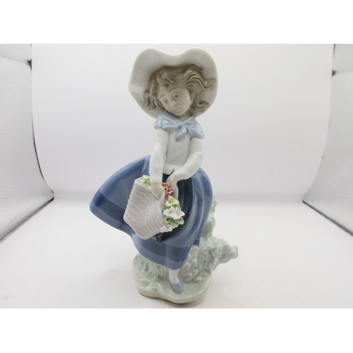 155 - Three Lladro figures - girl with ducks 1267, height 20cm;  girl with basket of flowers 5222, height ... 