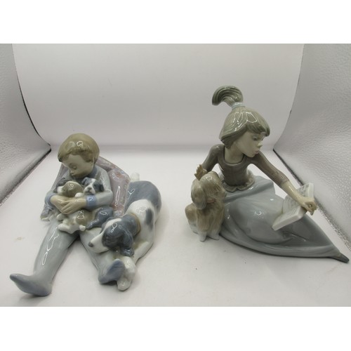 156 - Two Lladro figures - girl with book and dog 5475, height 15cm;  and 'Sweet dreams' boy with dog and ... 