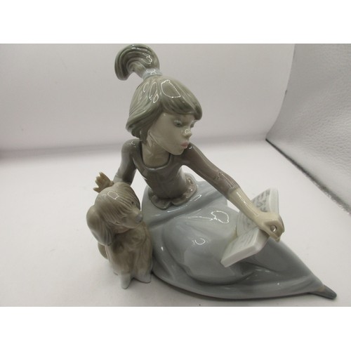 156 - Two Lladro figures - girl with book and dog 5475, height 15cm;  and 'Sweet dreams' boy with dog and ... 