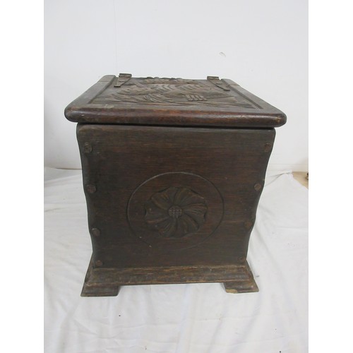 144 - A wooden coal box with metal liner, the box having a sailing ship design to lid