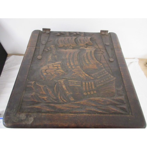 144 - A wooden coal box with metal liner, the box having a sailing ship design to lid