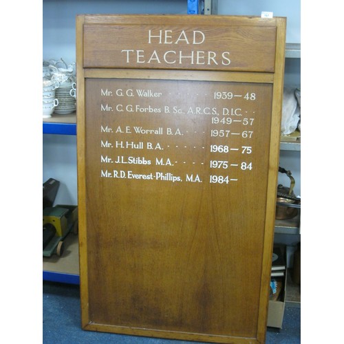 167 - A large oak board (about 123cm x 74cm) painted with names and dates of head teachers