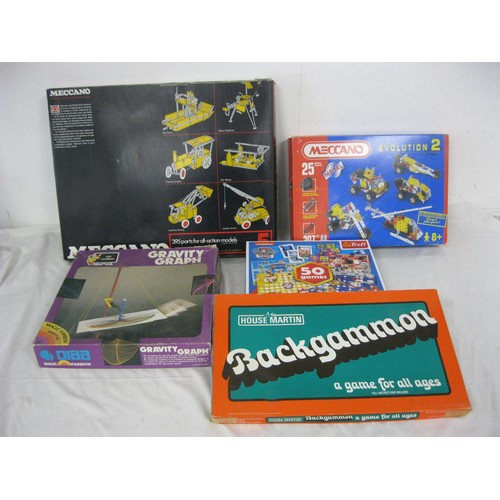 136 - Meccano Evolution 2 box set, a Meccano 5 box set, a Magic Rainbow Gravity Graph, and two board games... 