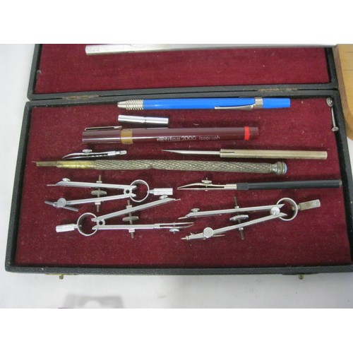 140 - An assortment of technical drawing and draughtsman instruments, compasses, pens, etc some in cases