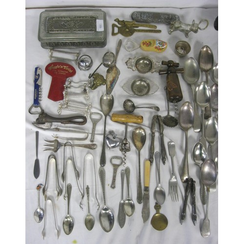 180 - Tray of vintage Silver Plate, including egg codlers, corkscrews, cutlery etc.