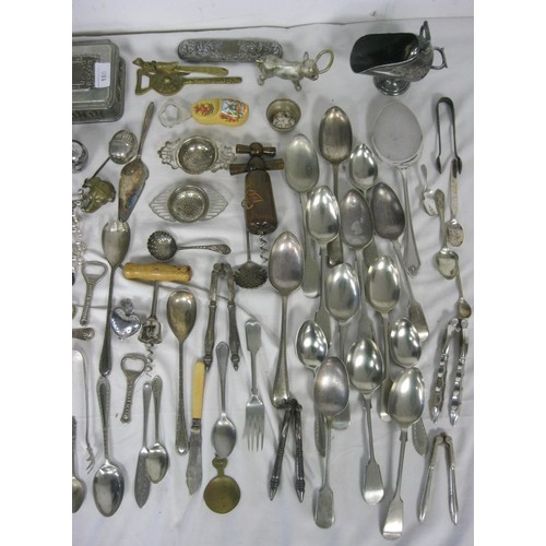 180 - Tray of vintage Silver Plate, including egg codlers, corkscrews, cutlery etc.