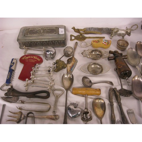 180 - Tray of vintage Silver Plate, including egg codlers, corkscrews, cutlery etc.