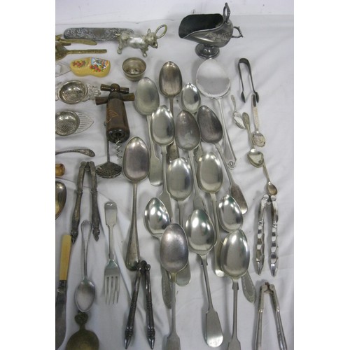 180 - Tray of vintage Silver Plate, including egg codlers, corkscrews, cutlery etc.