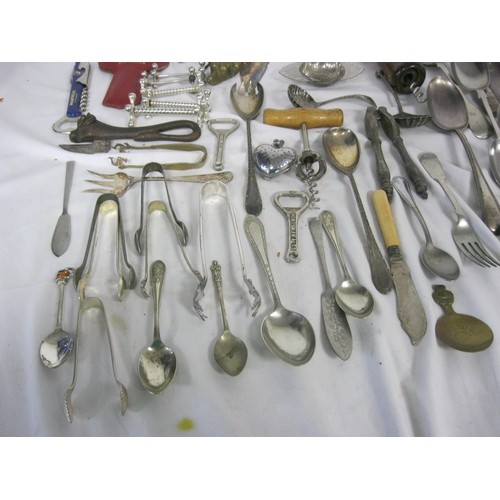 180 - Tray of vintage Silver Plate, including egg codlers, corkscrews, cutlery etc.