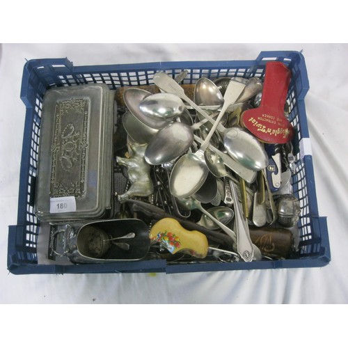 180 - Tray of vintage Silver Plate, including egg codlers, corkscrews, cutlery etc.