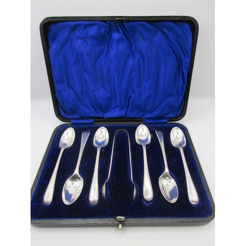 56 - A cased set of teaspoons with a set of sugar tongs, hallmarked for Birmingham by James Deakin & Sons