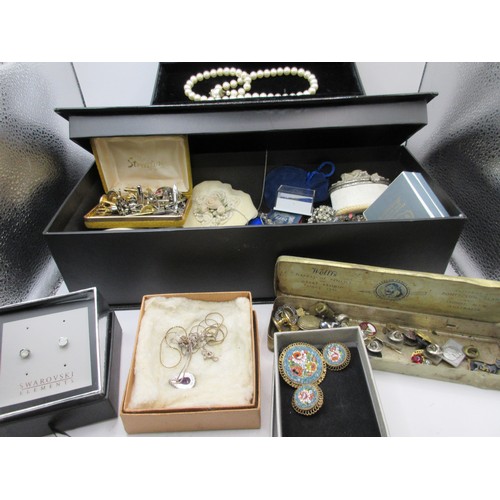 60 - A box of assorted costume jewellery including some silver and a pair of Swarovski earrings, a box of... 