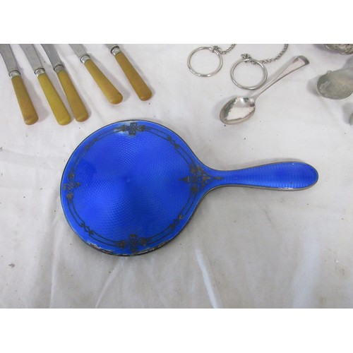 58 - An a/f for restoration silver and blue enamel hand mirror, hallmarks nearly polished away. Together ... 