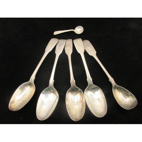 54 - Four Georgian silver fiddleback teaspoons (combined 75g), a Victorian silver condiment spoon (19.5g)... 