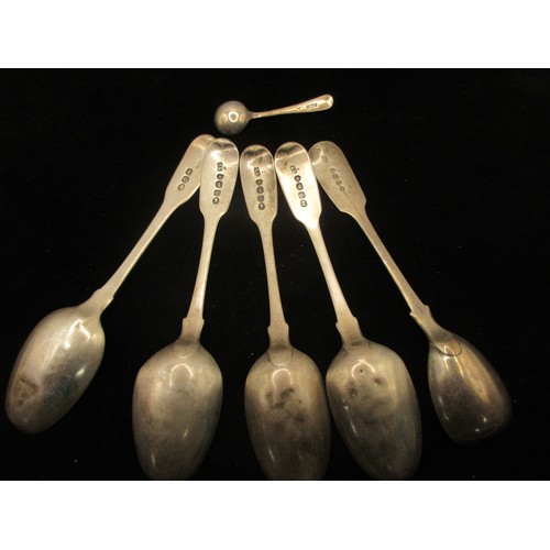 54 - Four Georgian silver fiddleback teaspoons (combined 75g), a Victorian silver condiment spoon (19.5g)... 