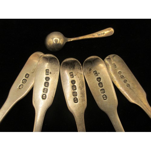 54 - Four Georgian silver fiddleback teaspoons (combined 75g), a Victorian silver condiment spoon (19.5g)... 