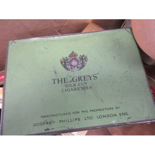 180 - A large box containing cigar boxes, tobacco tins, a collection of match books, a Player's Please ash... 