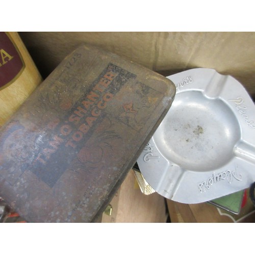 180 - A large box containing cigar boxes, tobacco tins, a collection of match books, a Player's Please ash... 