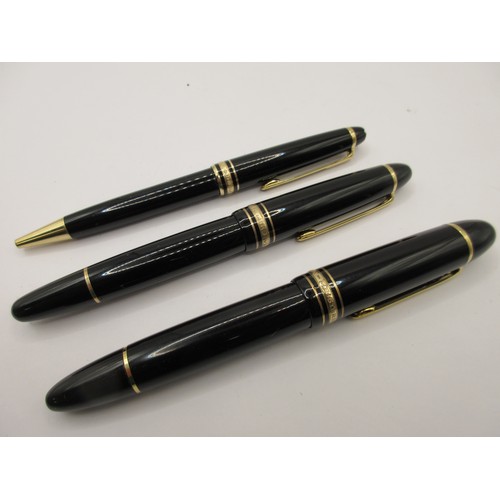24 - Three Montblanc Meisterstcuk pens - a No 149 fountain pen, black cap and barrel, nib marked 4810 18K... 