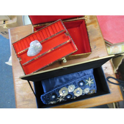 38 - A Marks & Spencer blue jewellery box with hinged lid, a leather-effect jewellery box with lift-out t... 
