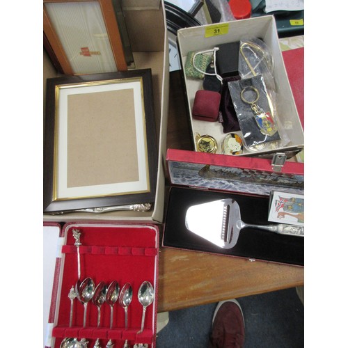31 - Mixed lot of small picture frames, a boxed Konge Tinn cheese slicer, Calibri Zenith lighter, decorat... 