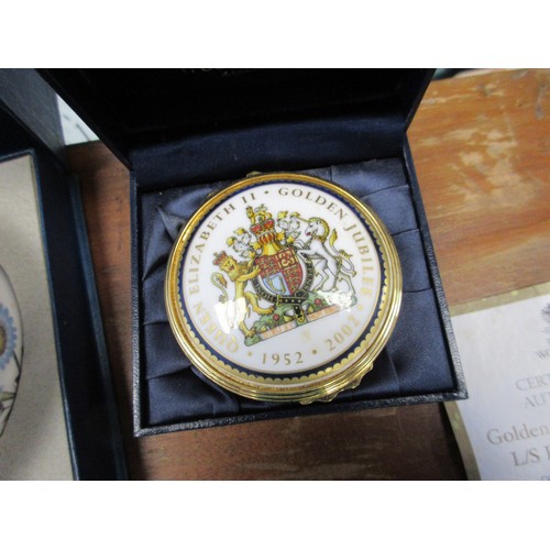 35 - Two china boxes and a crystal paperweight - a Royal Worcester L/S Round China box to celebrate QEII ... 