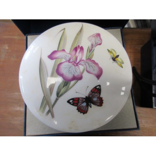 35 - Two china boxes and a crystal paperweight - a Royal Worcester L/S Round China box to celebrate QEII ... 