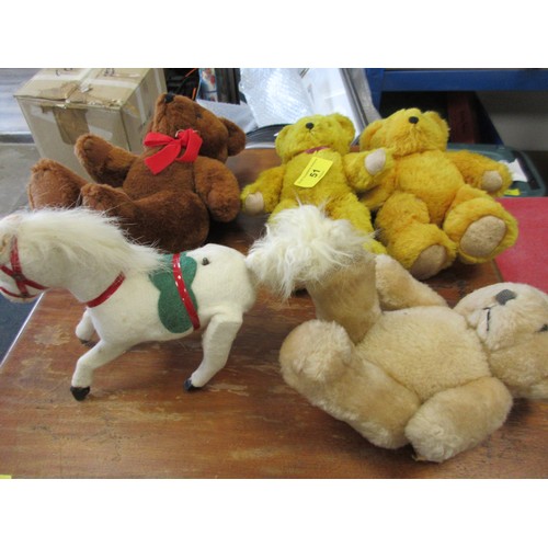 51 - Four Vintage Teddy Bears and Clockwork Wind-up Horse (no key)