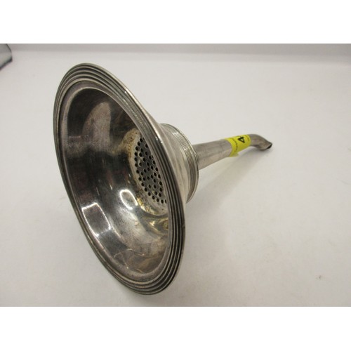 44 - An antique sterling silver wine decanting funnel with strainer, generic lion mark for sterling silve... 