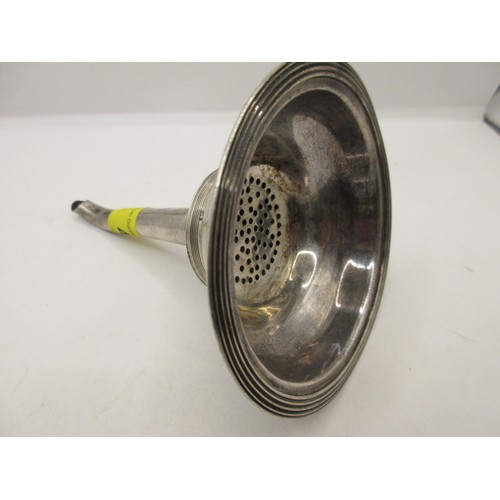 44 - An antique sterling silver wine decanting funnel with strainer, generic lion mark for sterling silve... 