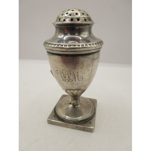45 - A sterling silver pepper pot of classical design on pedestal base, incomplete hallmarks indicate it ... 
